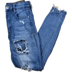 Aeropostale Super High Rise Ankle Jegging Blue Distress Frayed Hem Denim Size 6